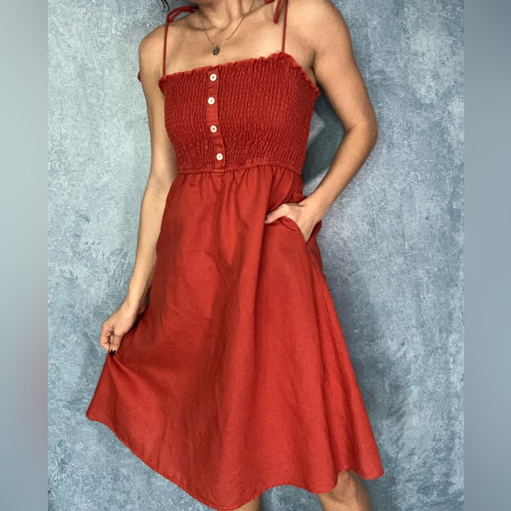 Princess Polly Red Midi Linen Smocked Dress